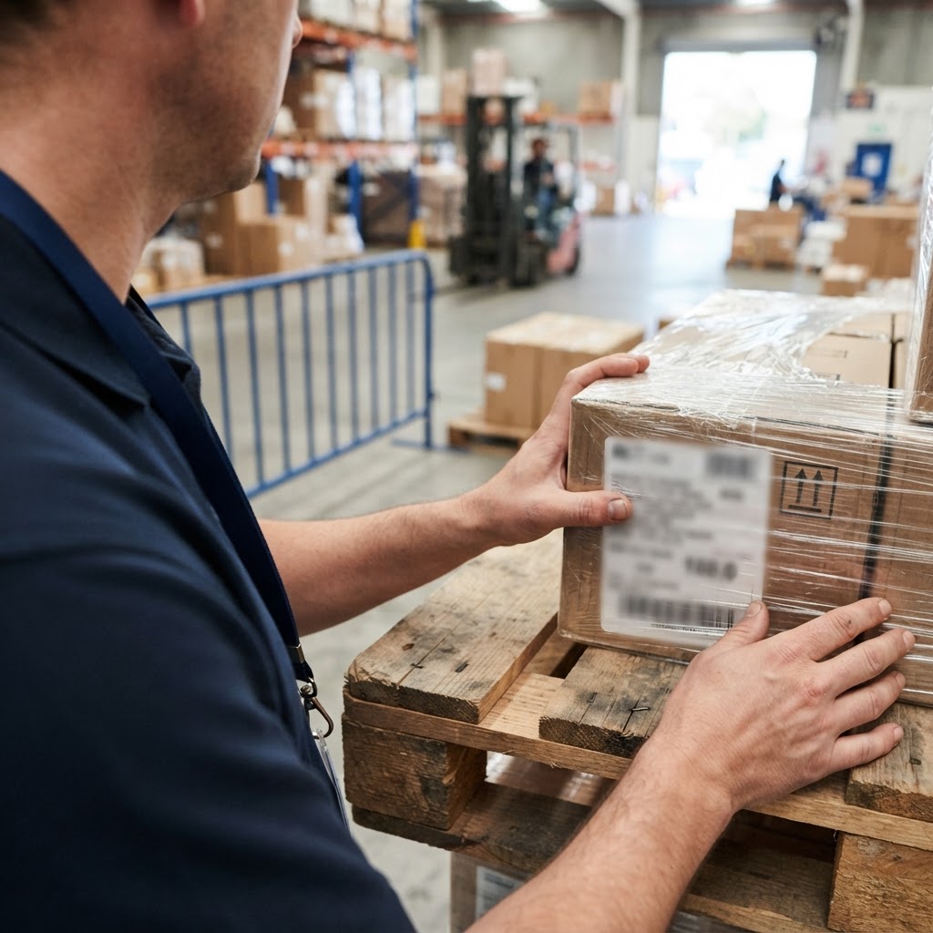 Close up of shipping documents and a wooden pallet