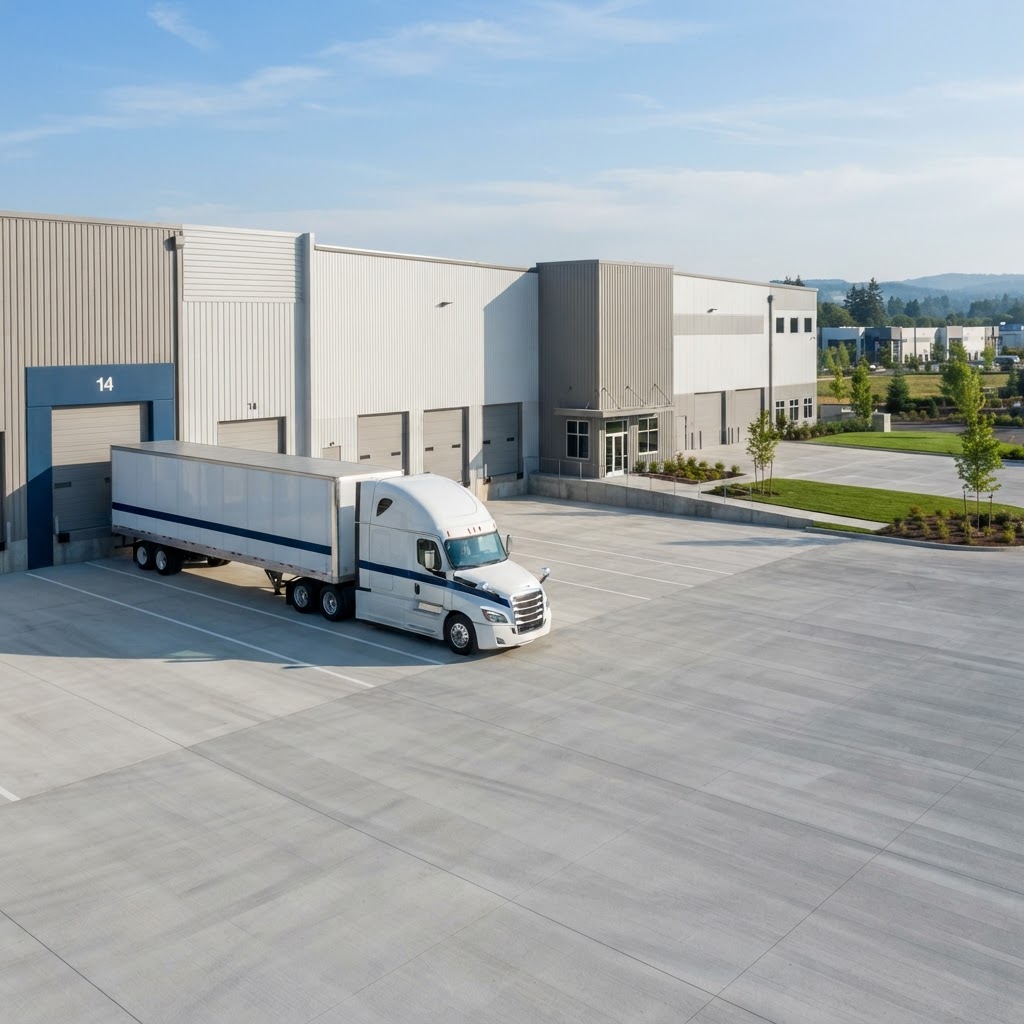 Modern freight truck parked at an industrial warehouse facility