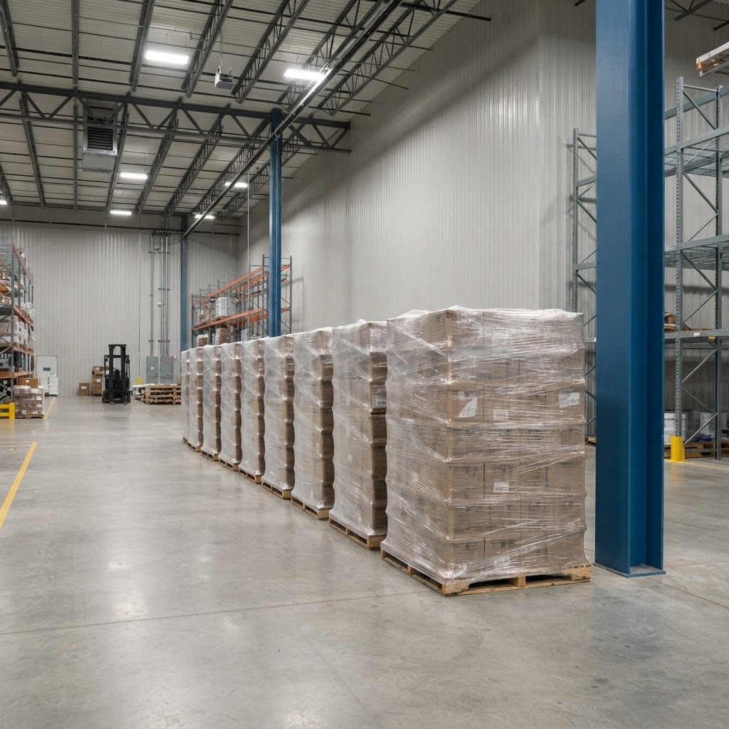 Organized shipping pallets waiting in a clean industrial warehouse