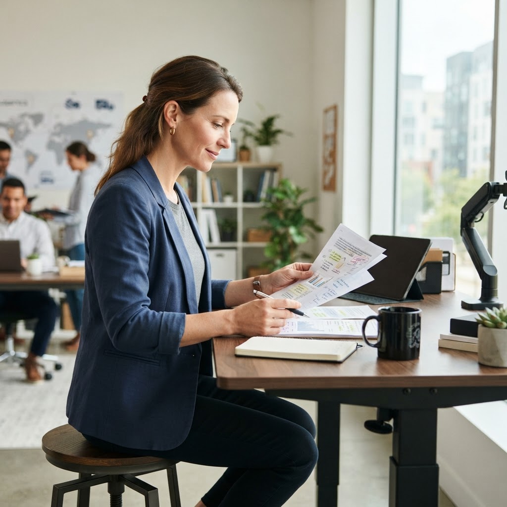 Logistics manager calmly reviewing shipping documents