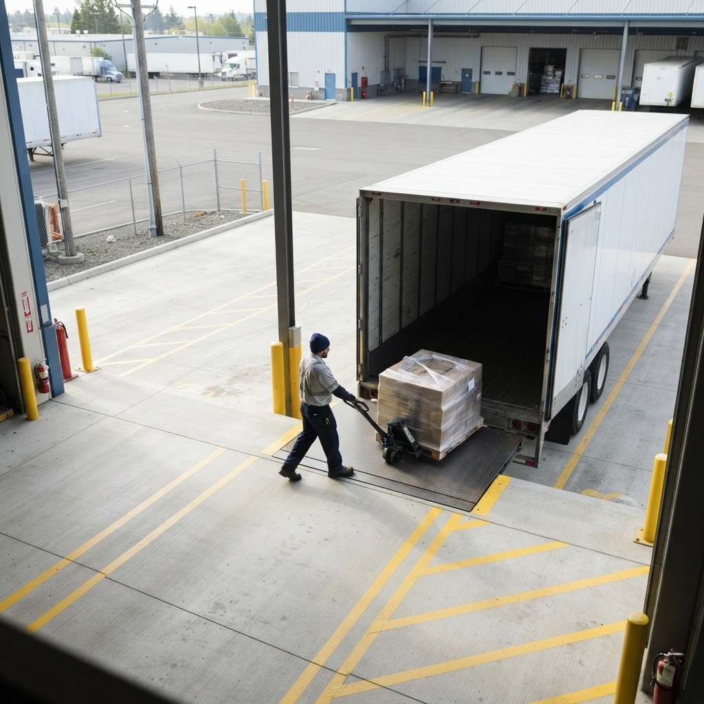 Transport trailer flush against a warehouse loading dock
