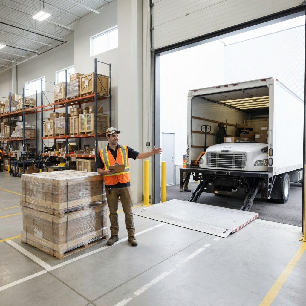 Warehouse worker preparing for liftgate delivery at a facility