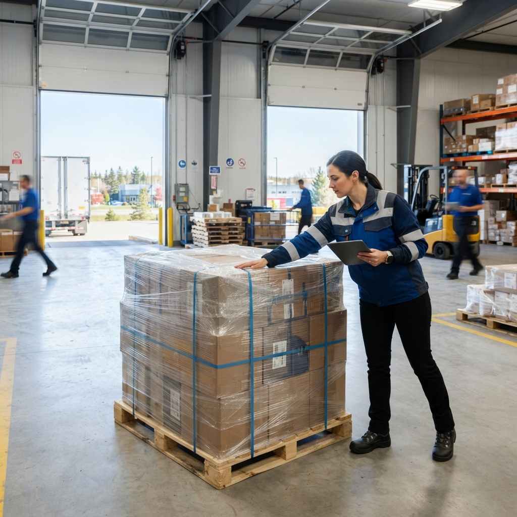 Logistics manager inspects a prepared pallet in a warehouse