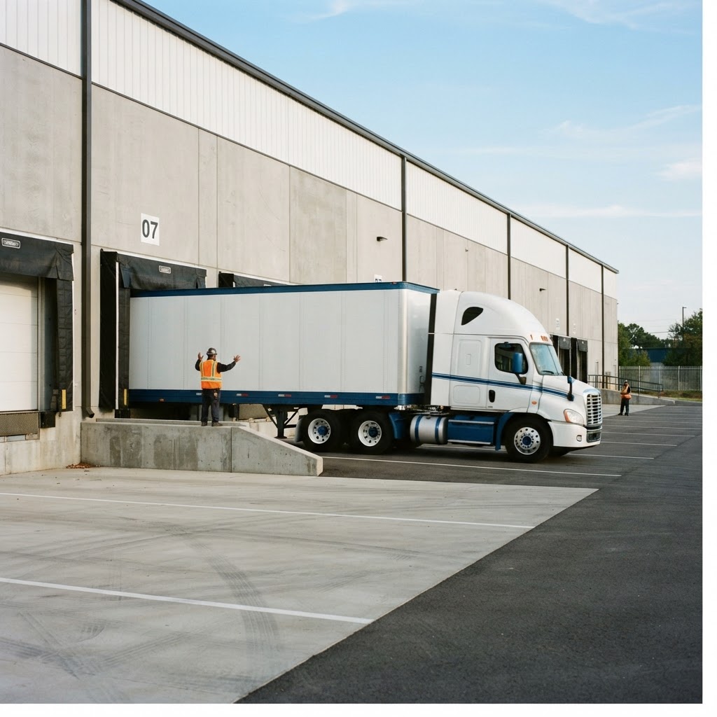 Transport truck reversing into a loading dock bay