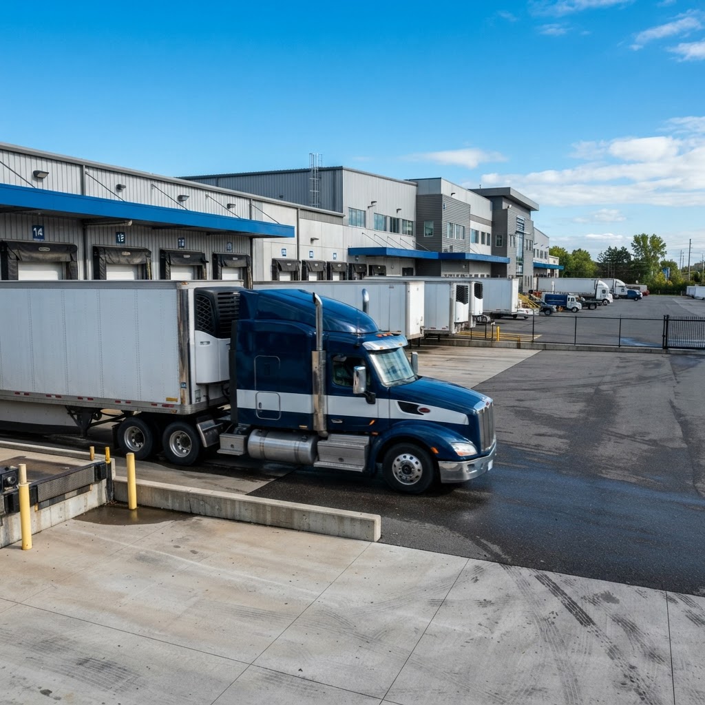 Freight truck departing from a loading bay