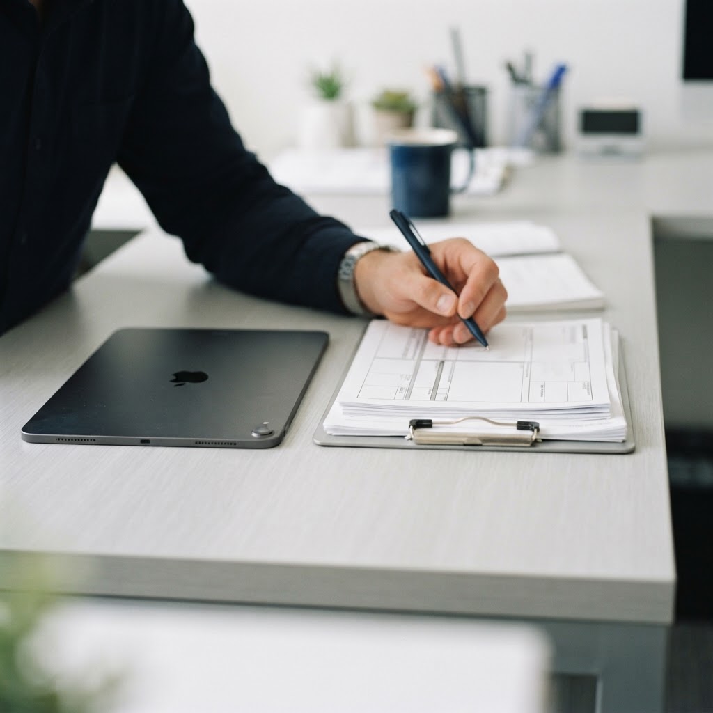 Shipping manifests and a tablet on a clean desk
