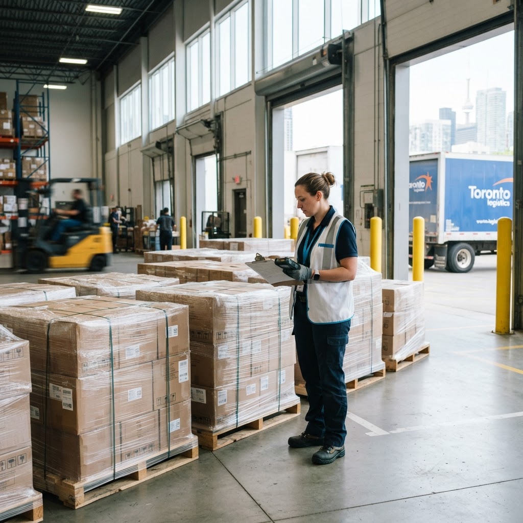 Warehouse worker inspecting freight pallets on a loading dock