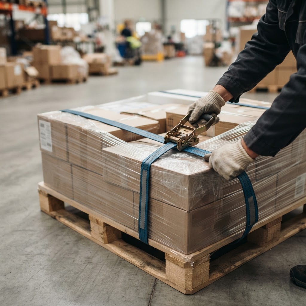 Hands securing a pallet with a blue strap