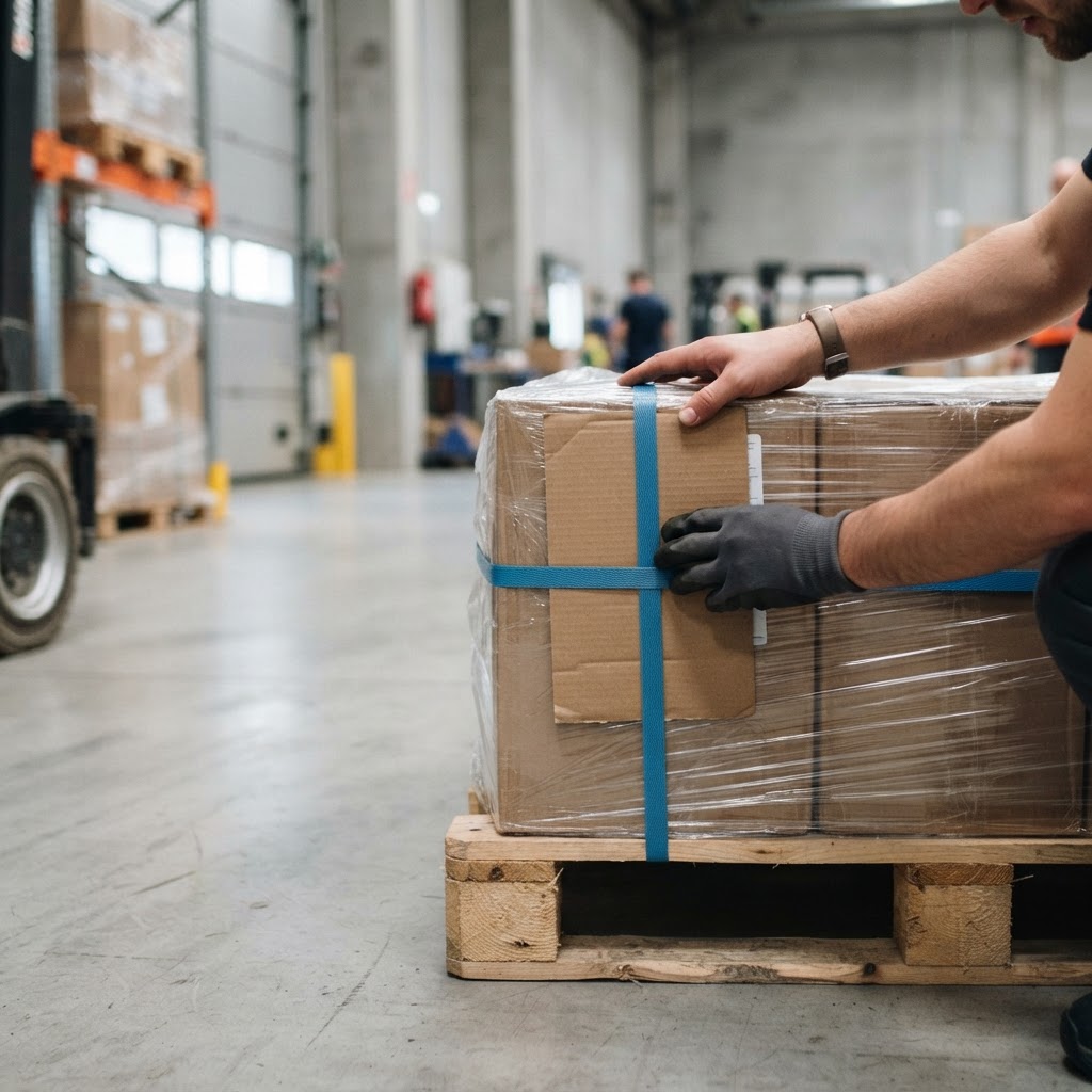 Hands applying a shipping label to a pallet