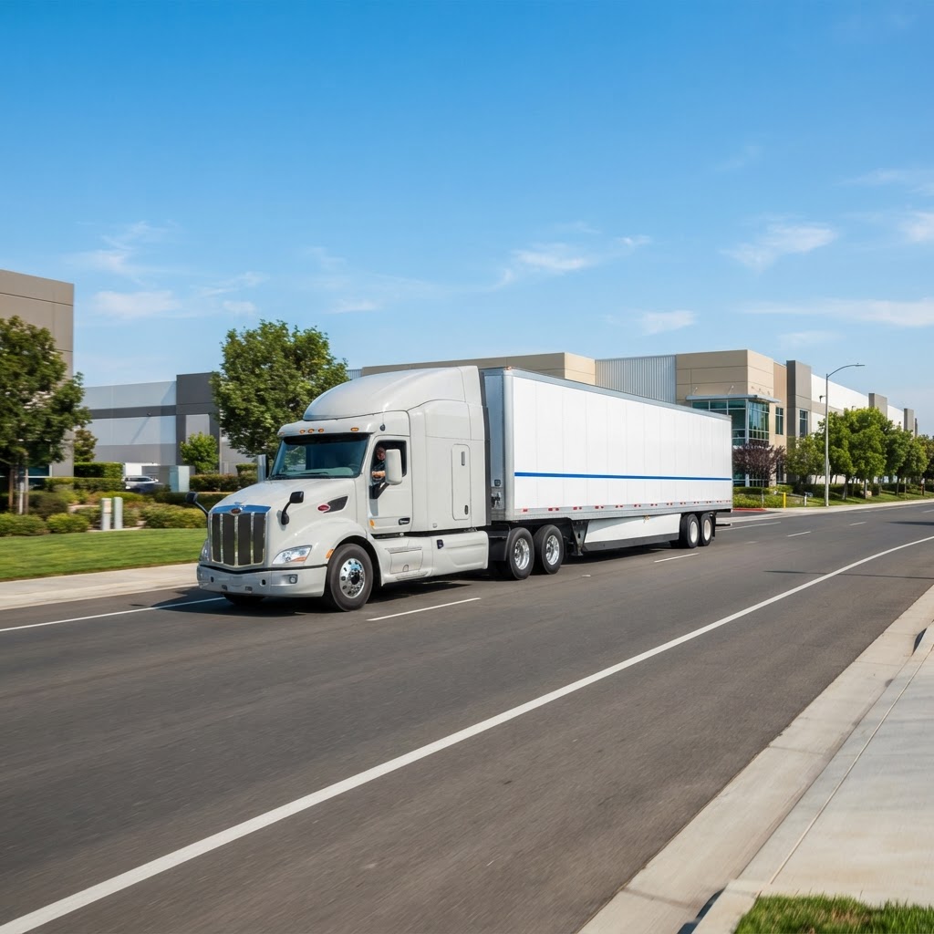 Modern semi-truck driving through an industrial park