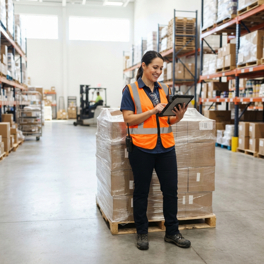 Logistics manager reviewing shipping information in a clean warehouse