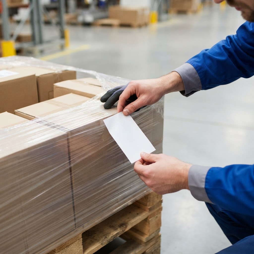 Worker labeling a freight pallet for shipment
