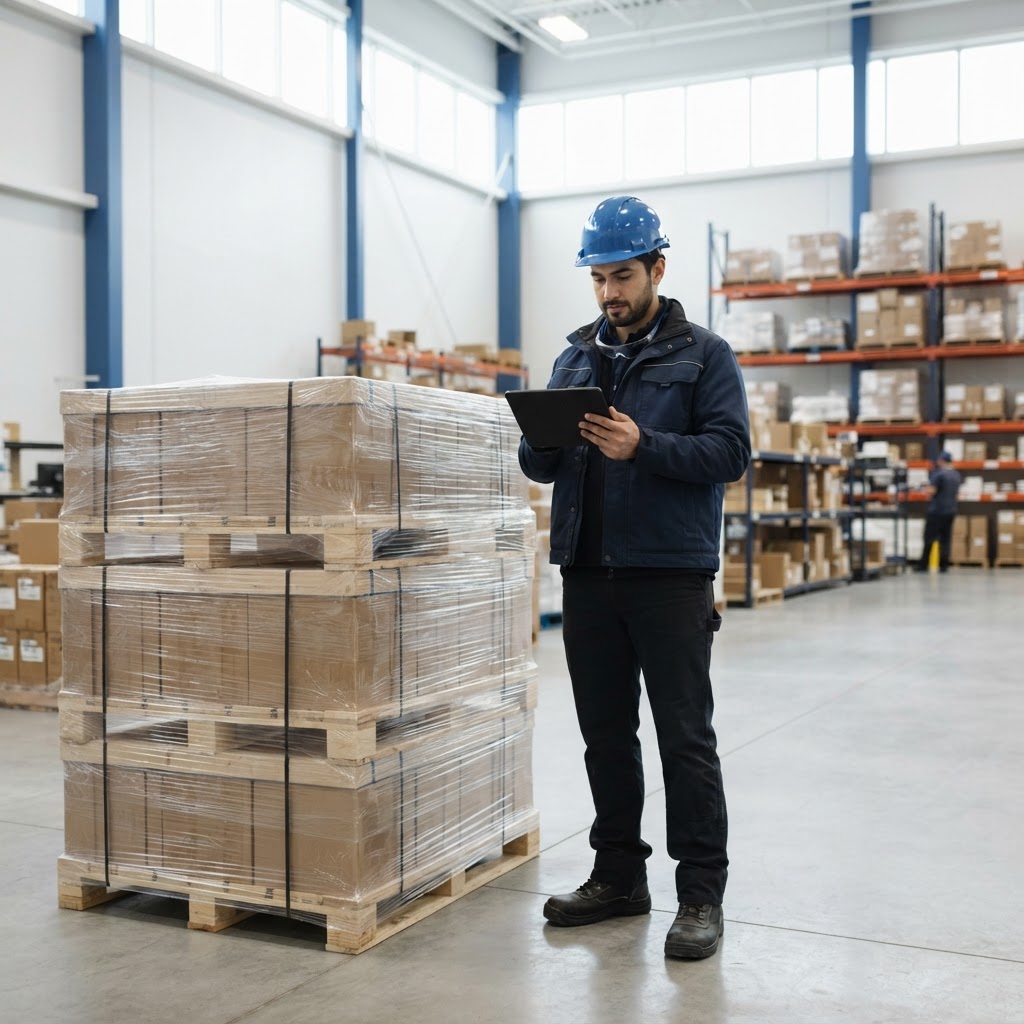 Warehouse worker reviewing logistics on a tablet