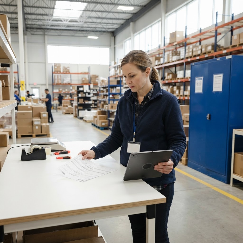 Small business owner reviewing shipping documents in a warehouse