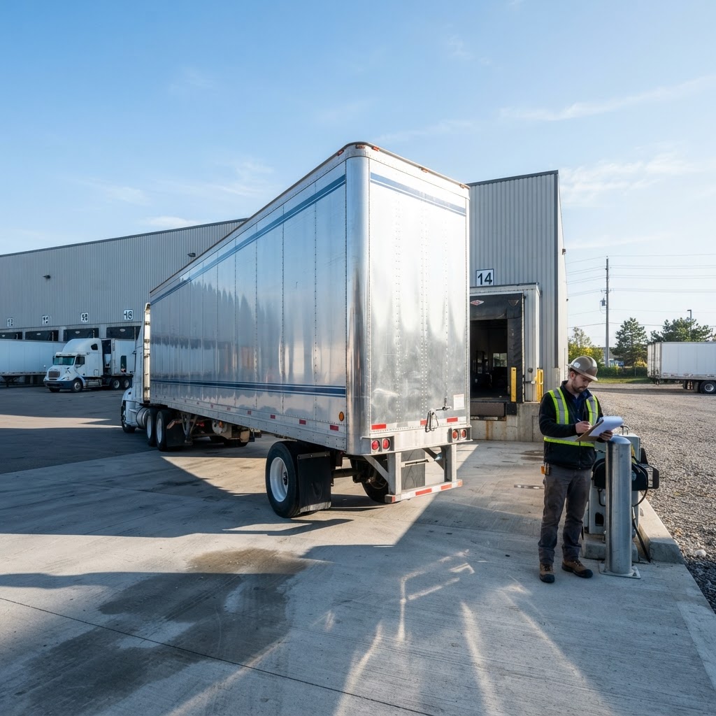 Truck parked at industrial loading bay during morning