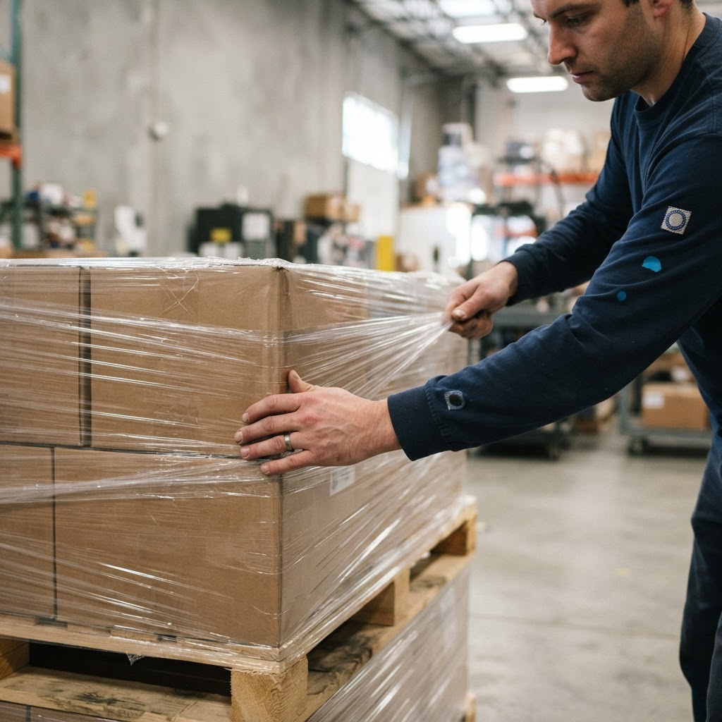 Warehouse worker preparing a pallet for shipment