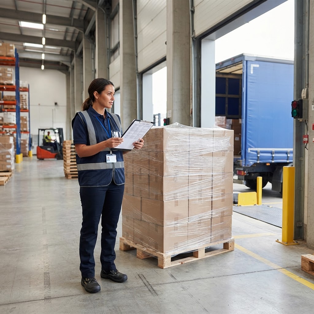 Warehouse worker preparing a pallet for long haul shipping