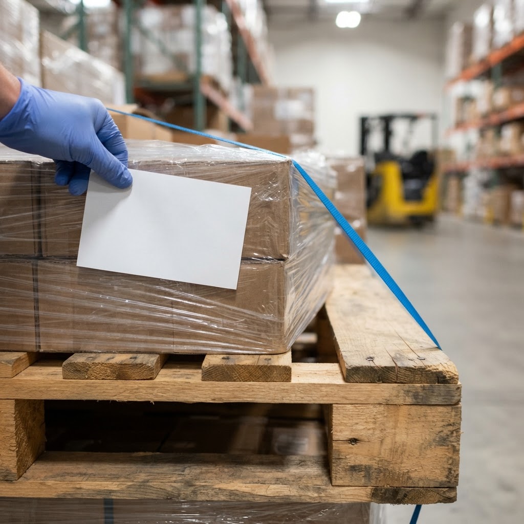 Close up of shipping label and strap on a pallet