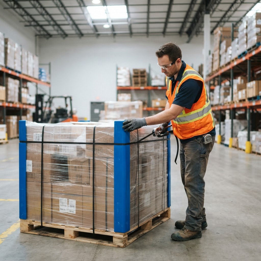 Warehouse worker preparing a pallet for cross-border shipping