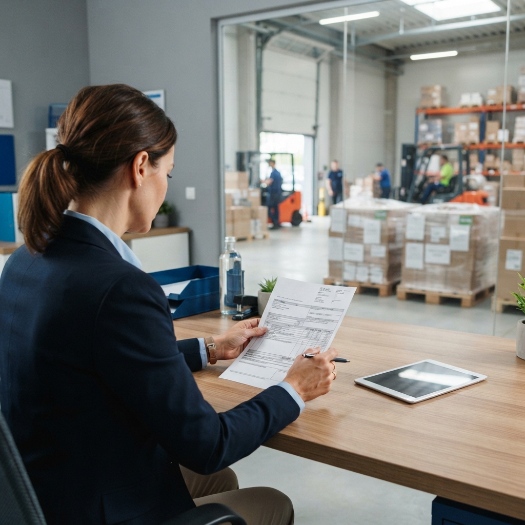 Logistics manager reviewing shipping documents at a desk