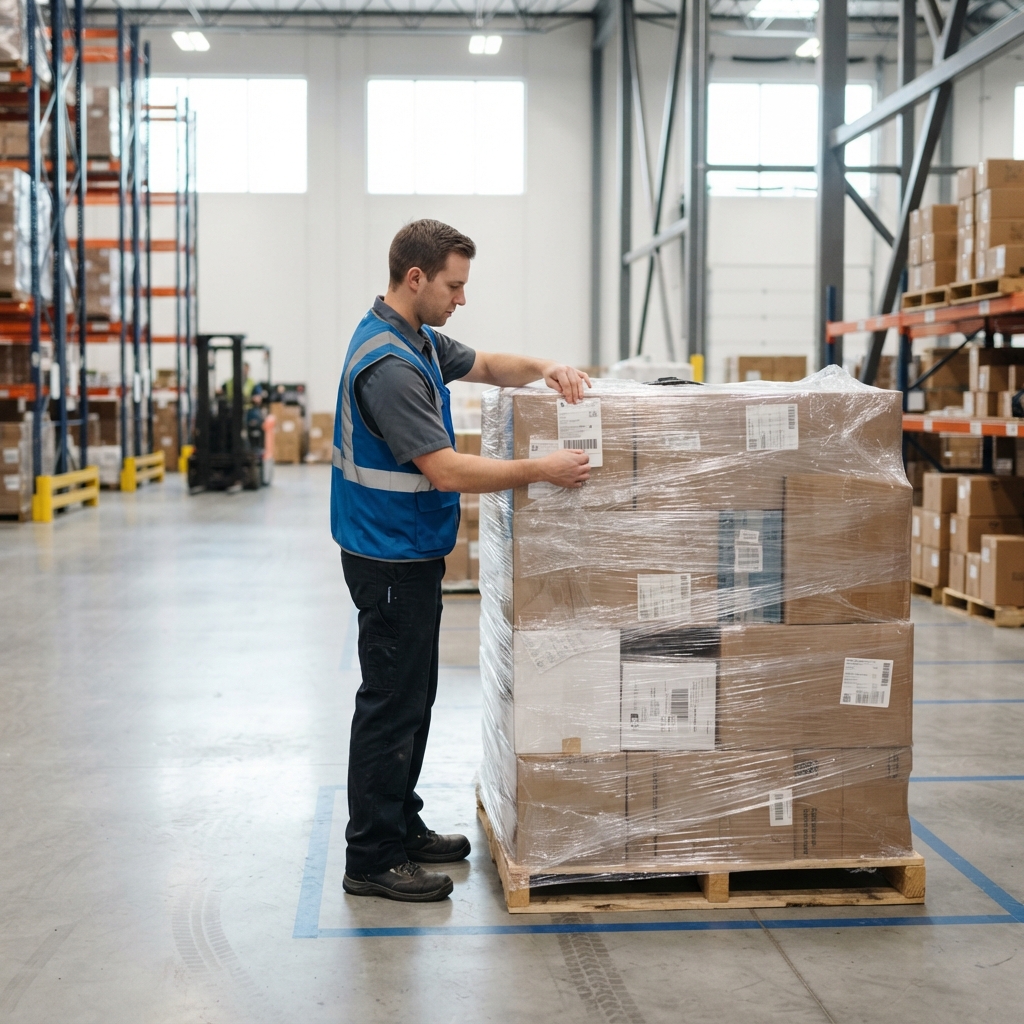 Warehouse worker labeling a pallet for cross border shipping