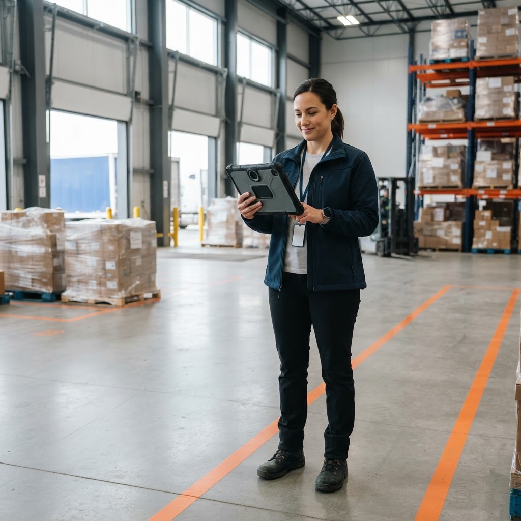 Logistics coordinator reviewing shipping details in a warehouse