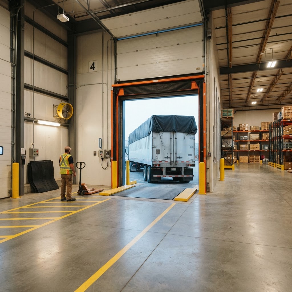 Transport truck arriving at an organized warehouse dock