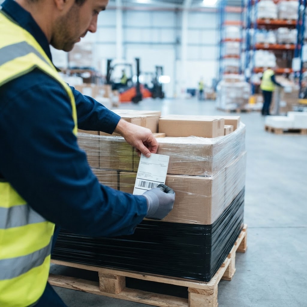Worker placing a shipping label on a pallet