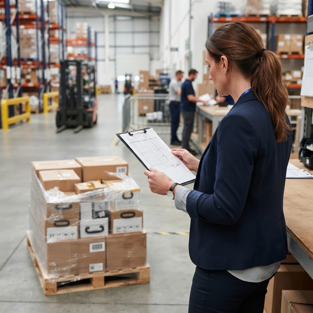 Logistics manager reviewing shipping documents for freight