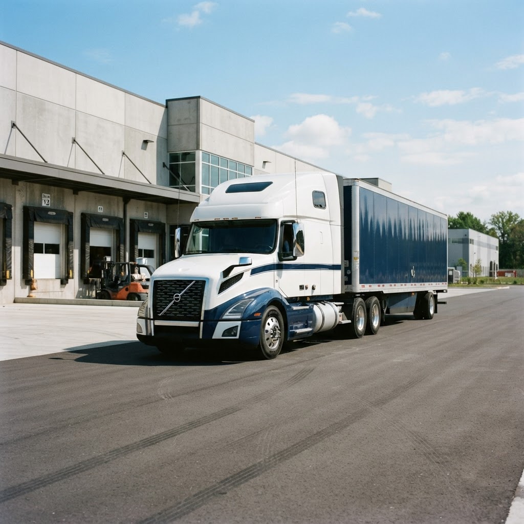 Logistics truck leaving a loading dock for transit