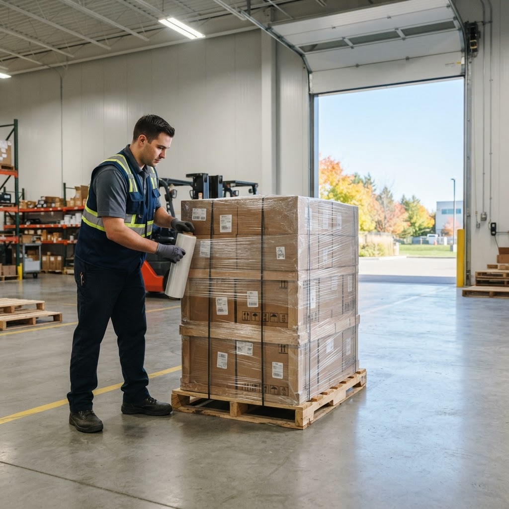 Warehouse worker wrapping a pallet for secure shipment