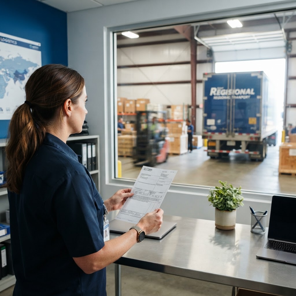 Logistics professional reviewing freight documents in a warehouse office