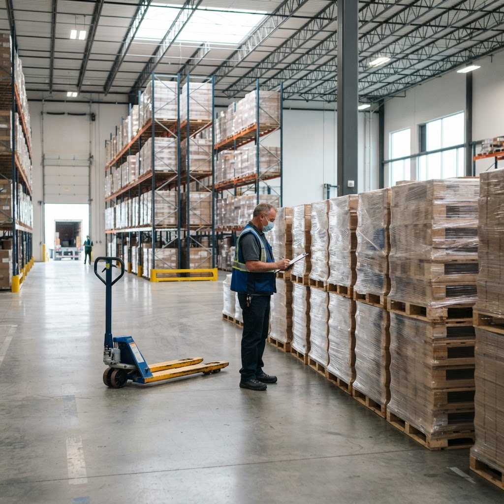 Organized warehouse floor with prepared freight pallets