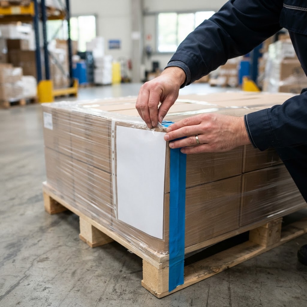 Warehouse worker applying shipping documentation to a pallet