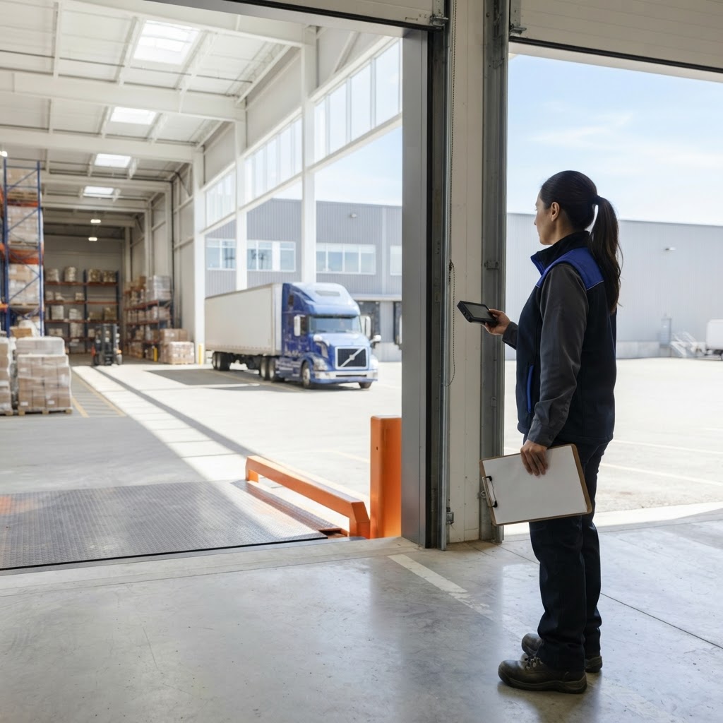Logistics coordinator overlooking a loading dock in Montreal