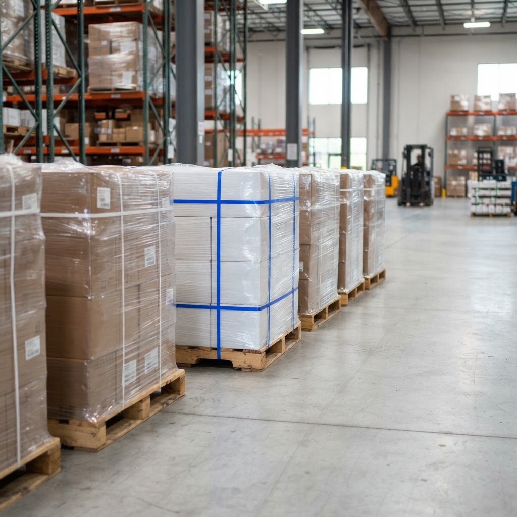 Neatly wrapped shipping pallets on a warehouse floor
