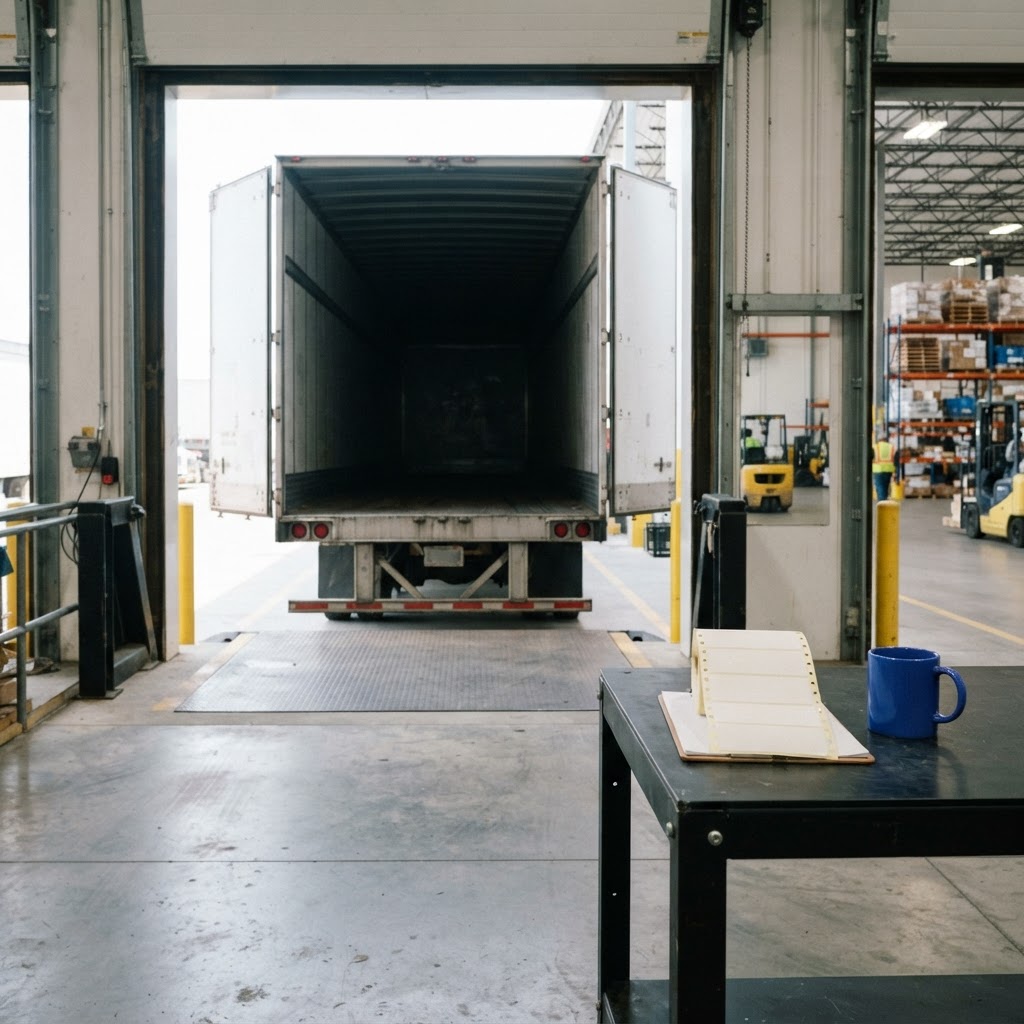 Open transport trailer backed into a bright warehouse loading bay