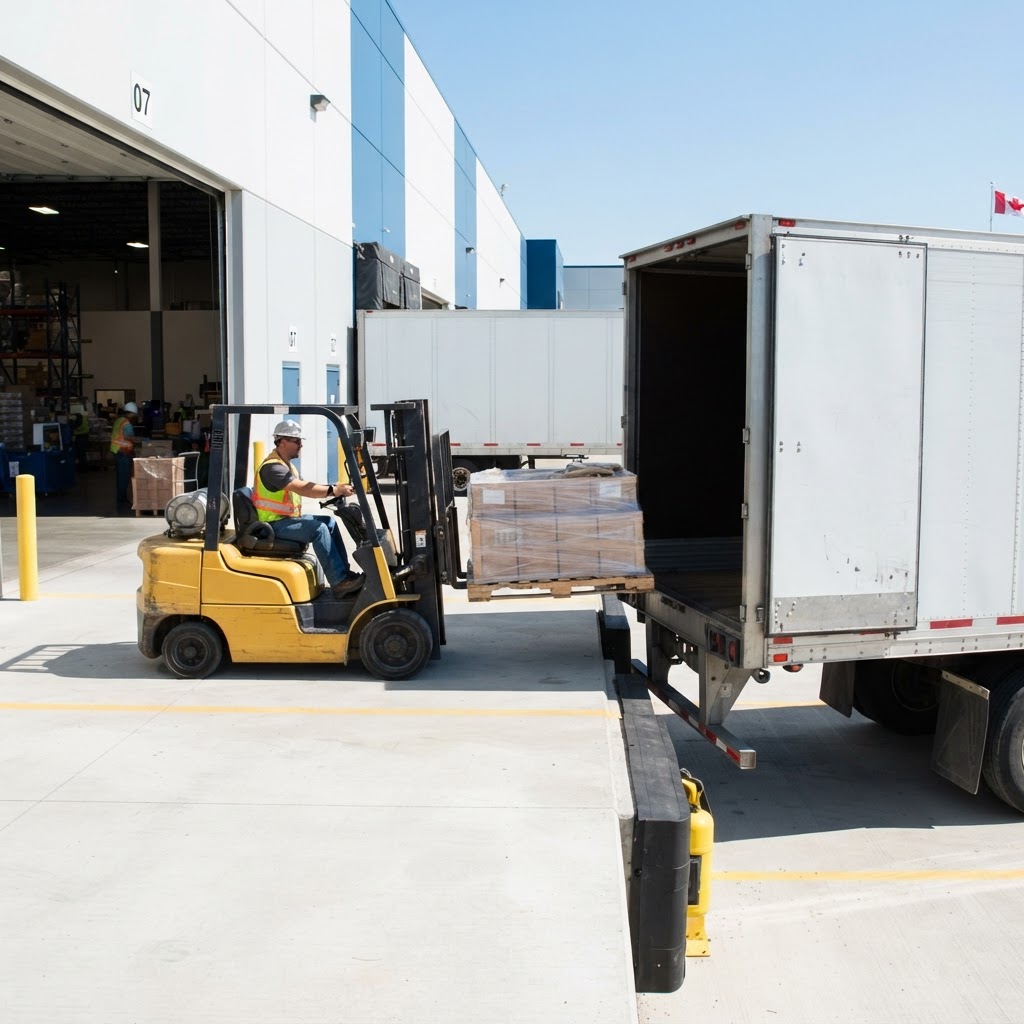 Forklift loading pallet onto a transport truck at a dock