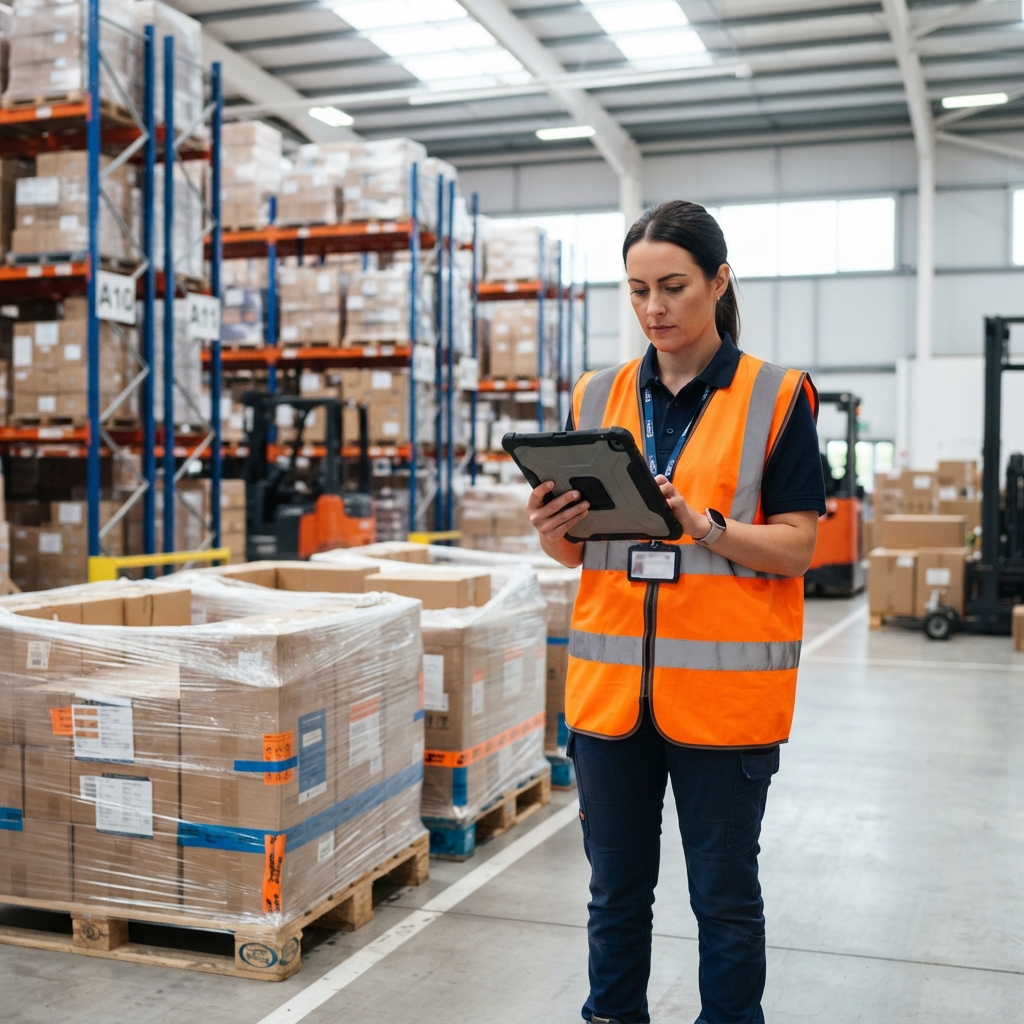 Logistics coordinator managing pallets in an organized warehouse