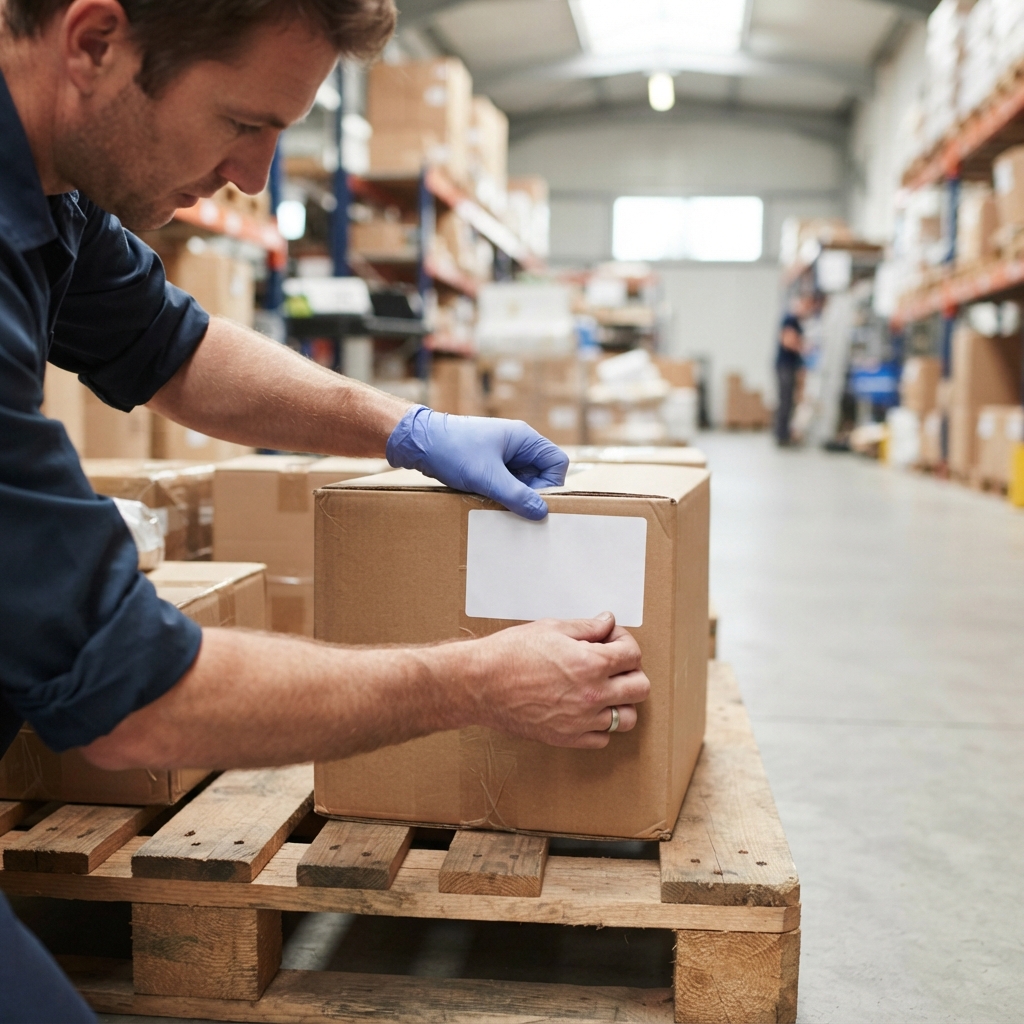 Worker securing a shipment on a warehouse pallet