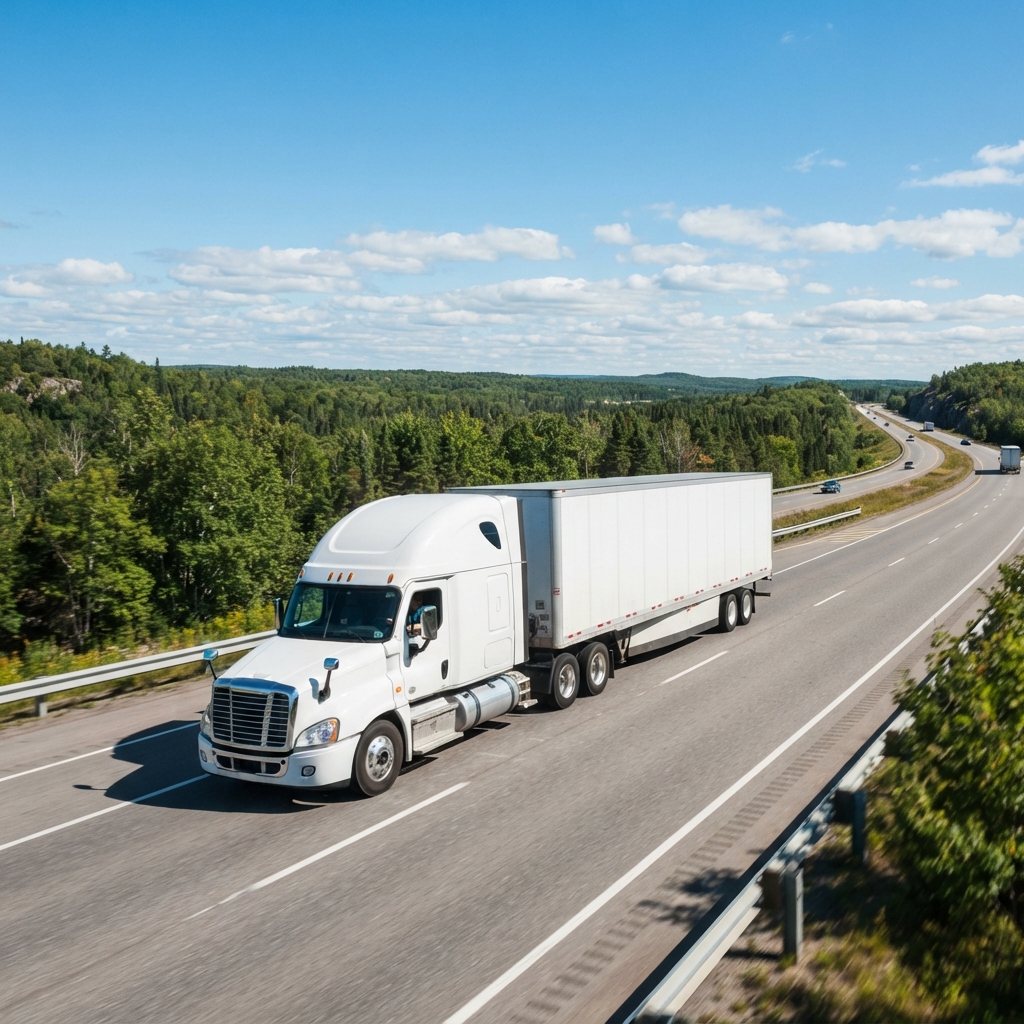 A transport truck driving on a Canadian highway