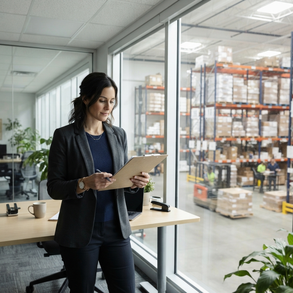Logistics coordinator reviewing shipping documents in a modern office