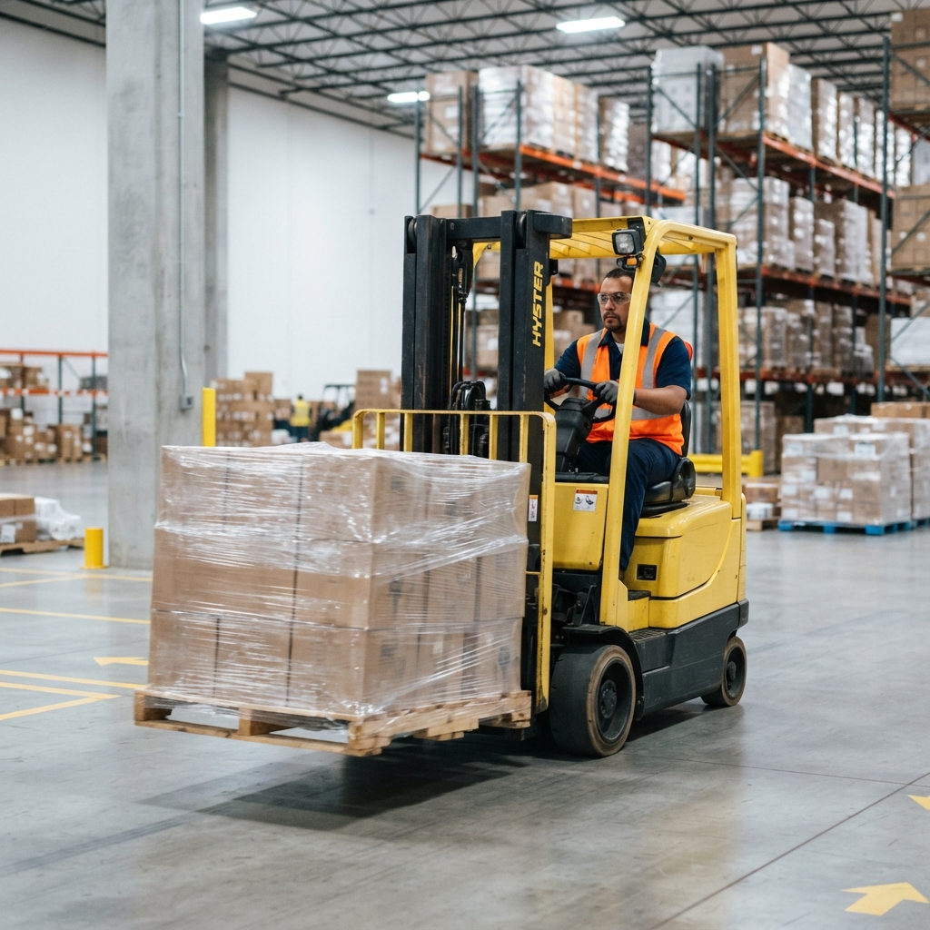 Warehouse operator moving a pallet in a clean loading bay