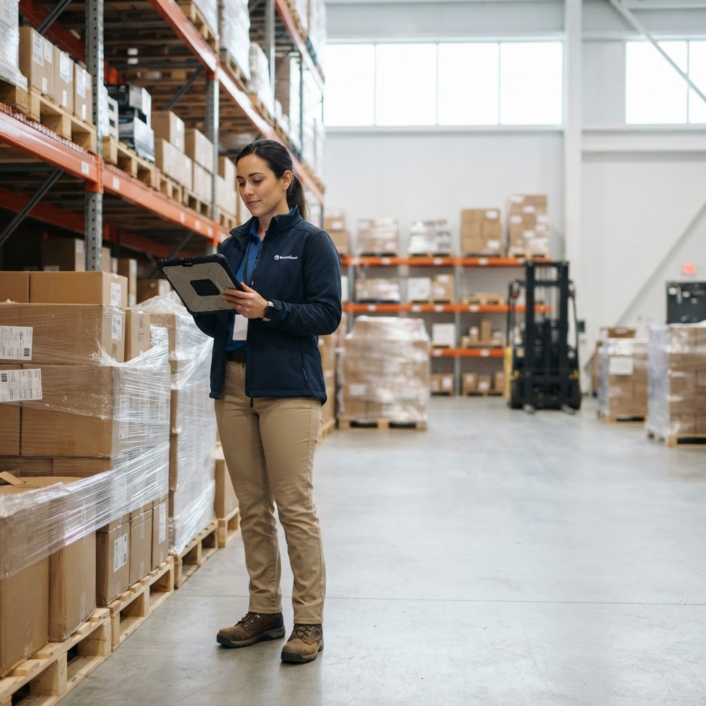 Logistics coordinator managing freight in a clean warehouse