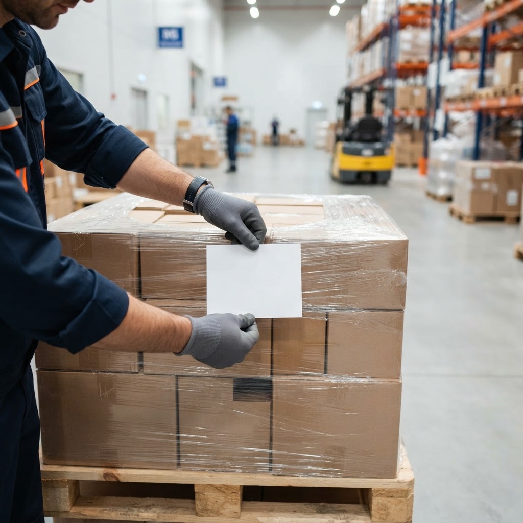 Worker placing a shipping label on a pallet