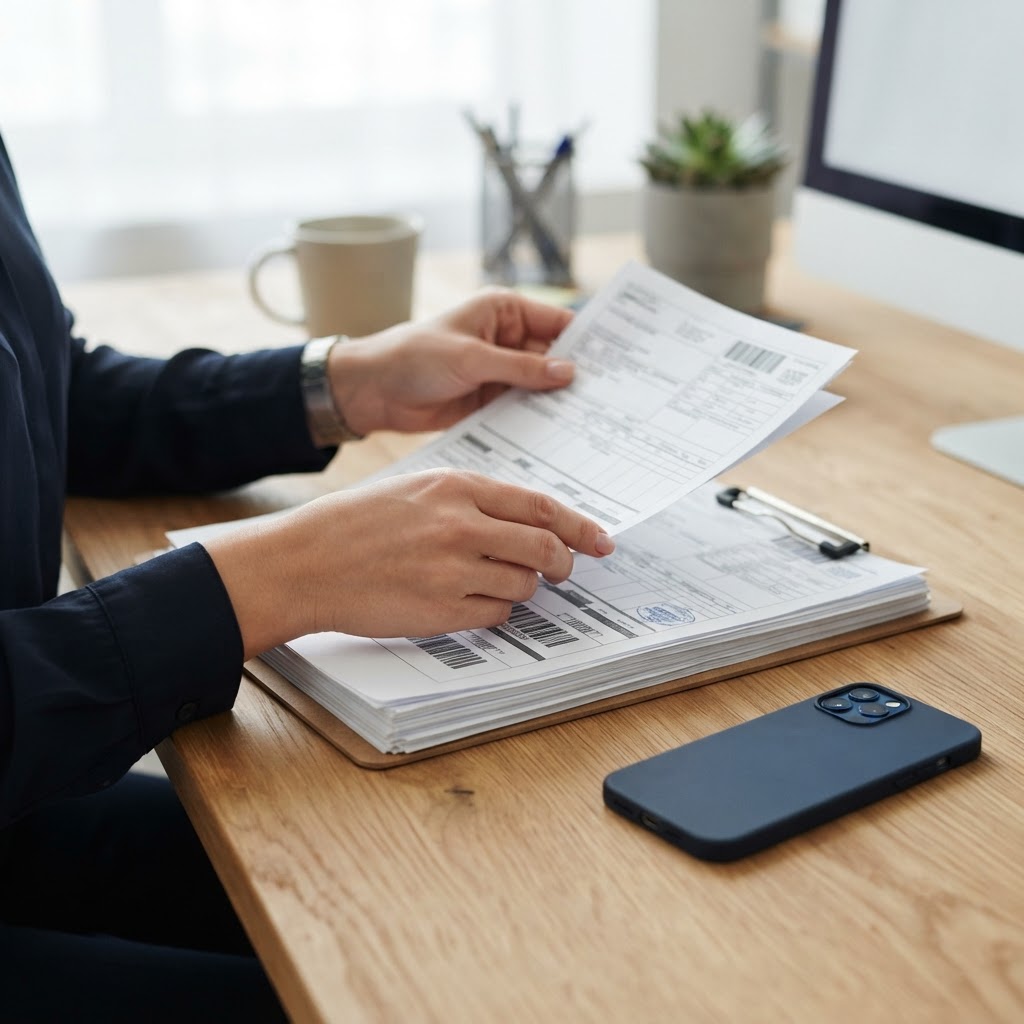 Close up of shipping documents and office workspace