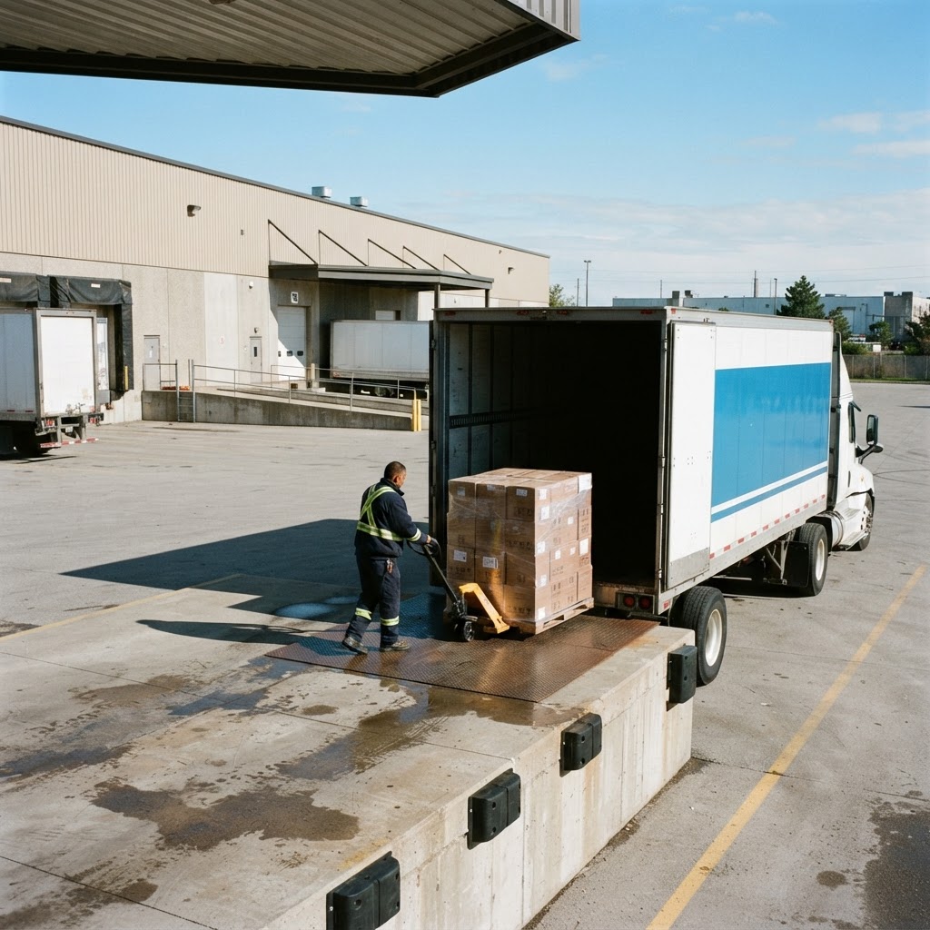 Warehouse worker loading a pallet onto a transport truck