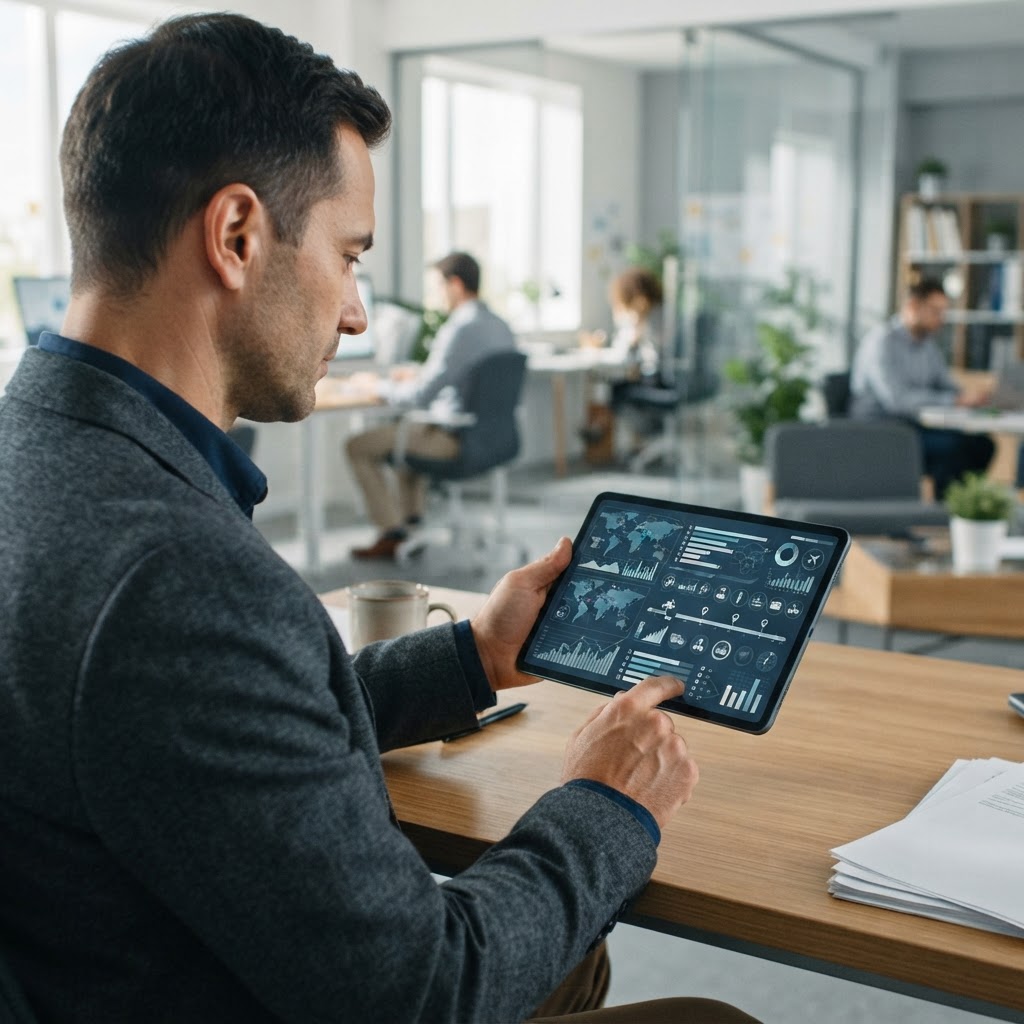 Business owner reviewing shipping details on a tablet