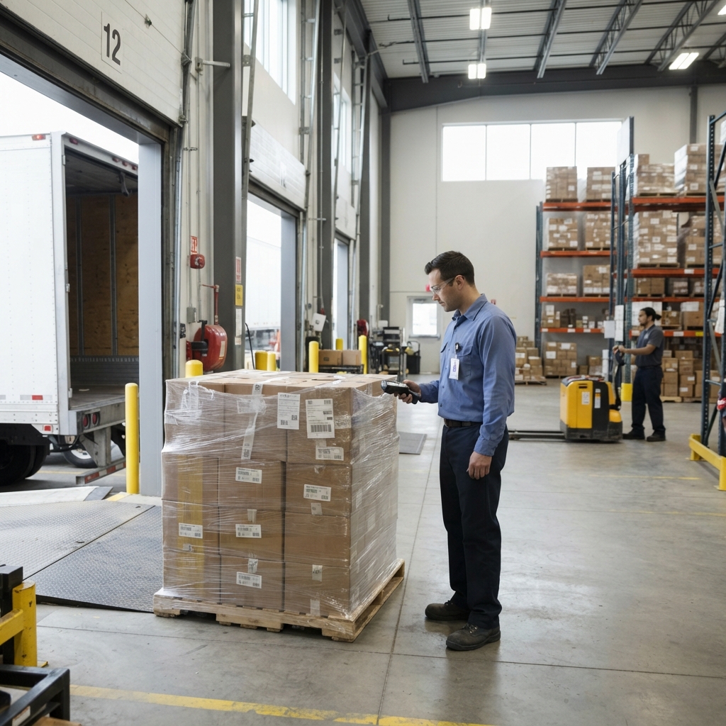 Warehouse worker inspecting a pallet on a loading dock