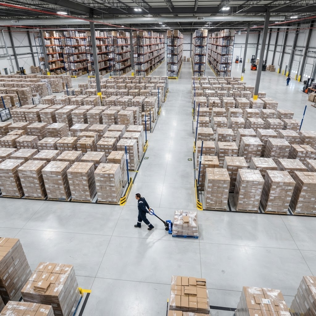 Aerial view of an organized warehouse floor